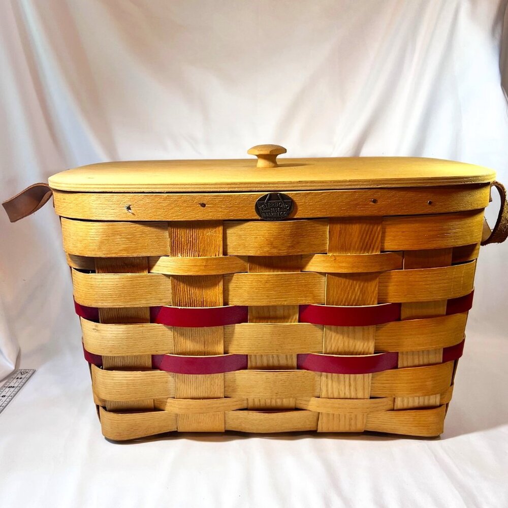 Peterboro Woven Basket Co. 1854-Picnic/Storage-W/Lid-Retired Tan/Red-Hand Made